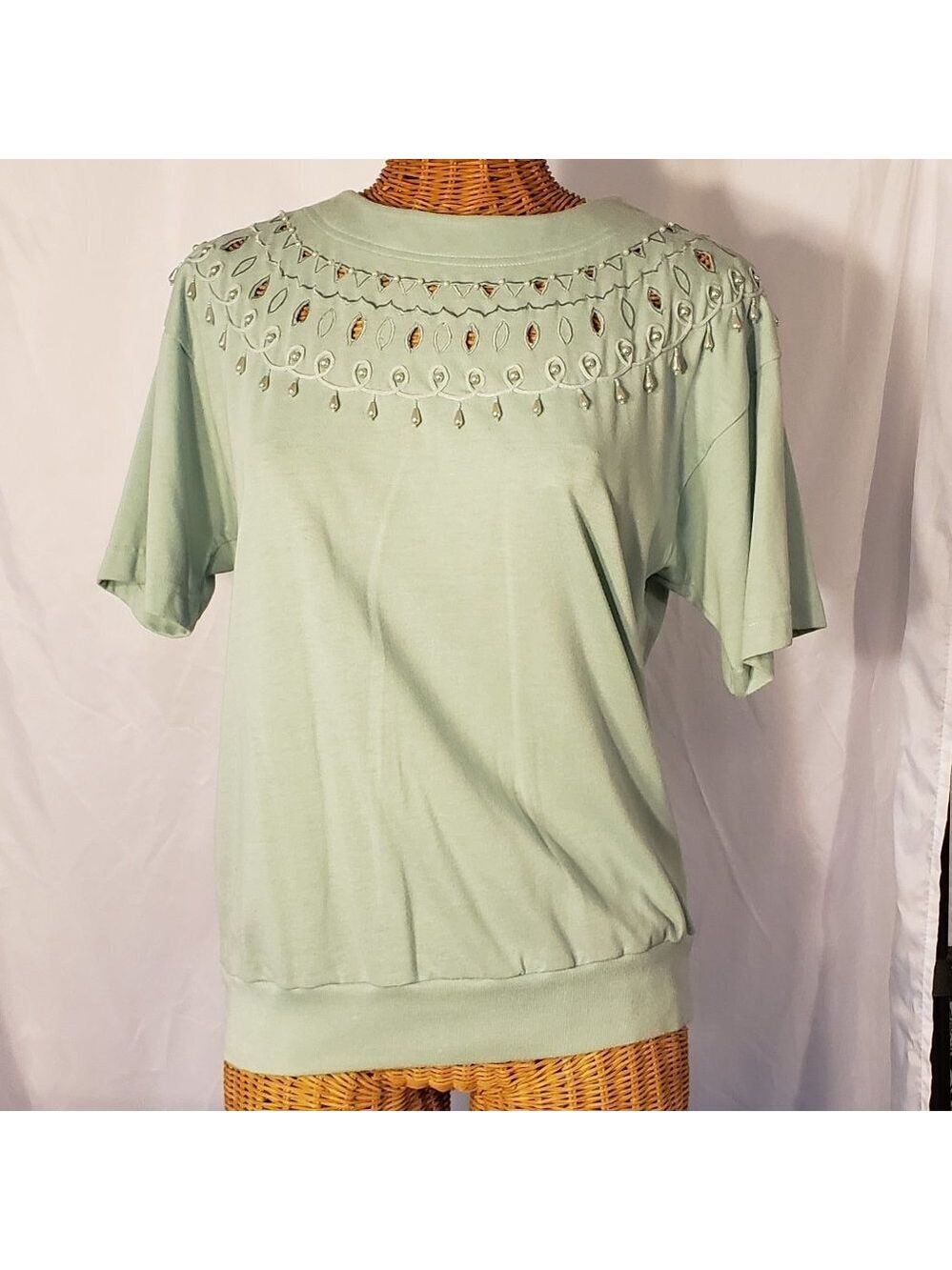 Ladies FAIR SET Short Sleeve Embellished & Cutout Top in Sage Green - S